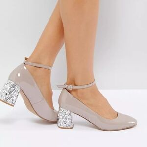 ASOS Snowflake Jewelled Mid Ankle Strap‎ Heels in Warm Taupe Patent